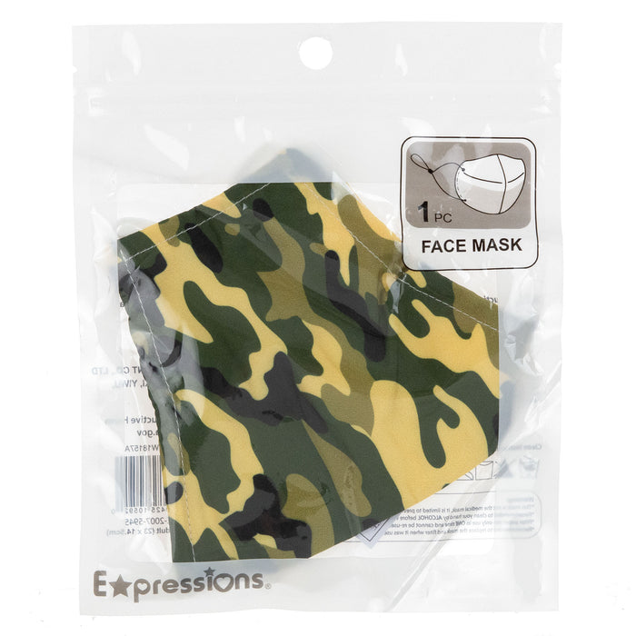 Expressions 3-Layer Protective Face Mask – Men’s CAMO Patterned Adjustable Face Covering - Item #ANW18153