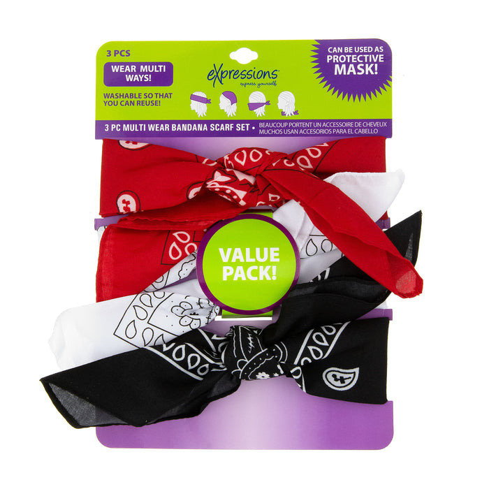 Expressions 3-Pack Multi-Wear Bandana Scarves in Assorted Colors - Item #TSW1128/3